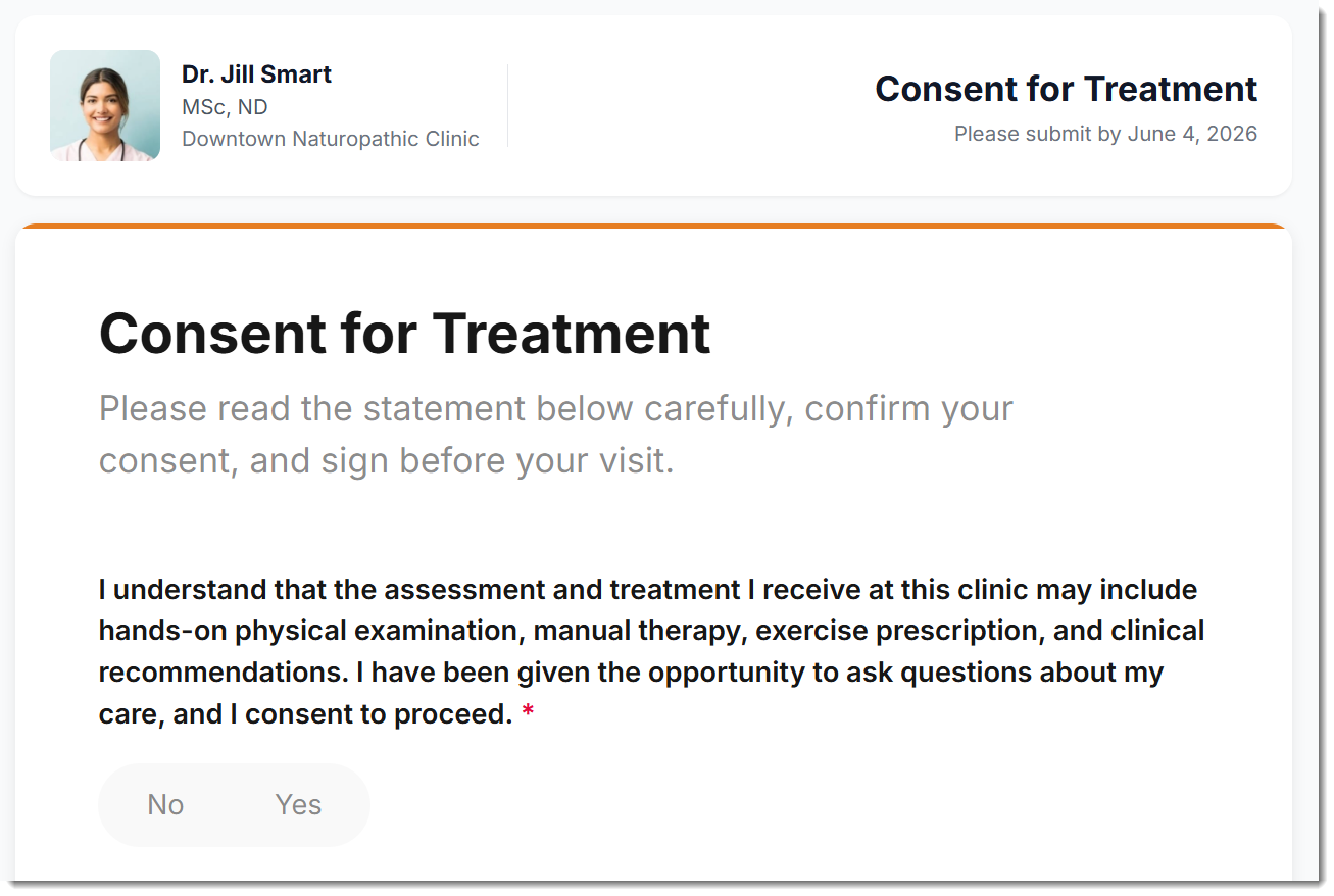 An image of what the patient sees when they click the "Continue to your form" button for SmartForm version 2 in their email. They come to a page and see: - the practitioner's information and image at the top left - the form name at the top right - the form underneath, which they can immediately begin to fill out.